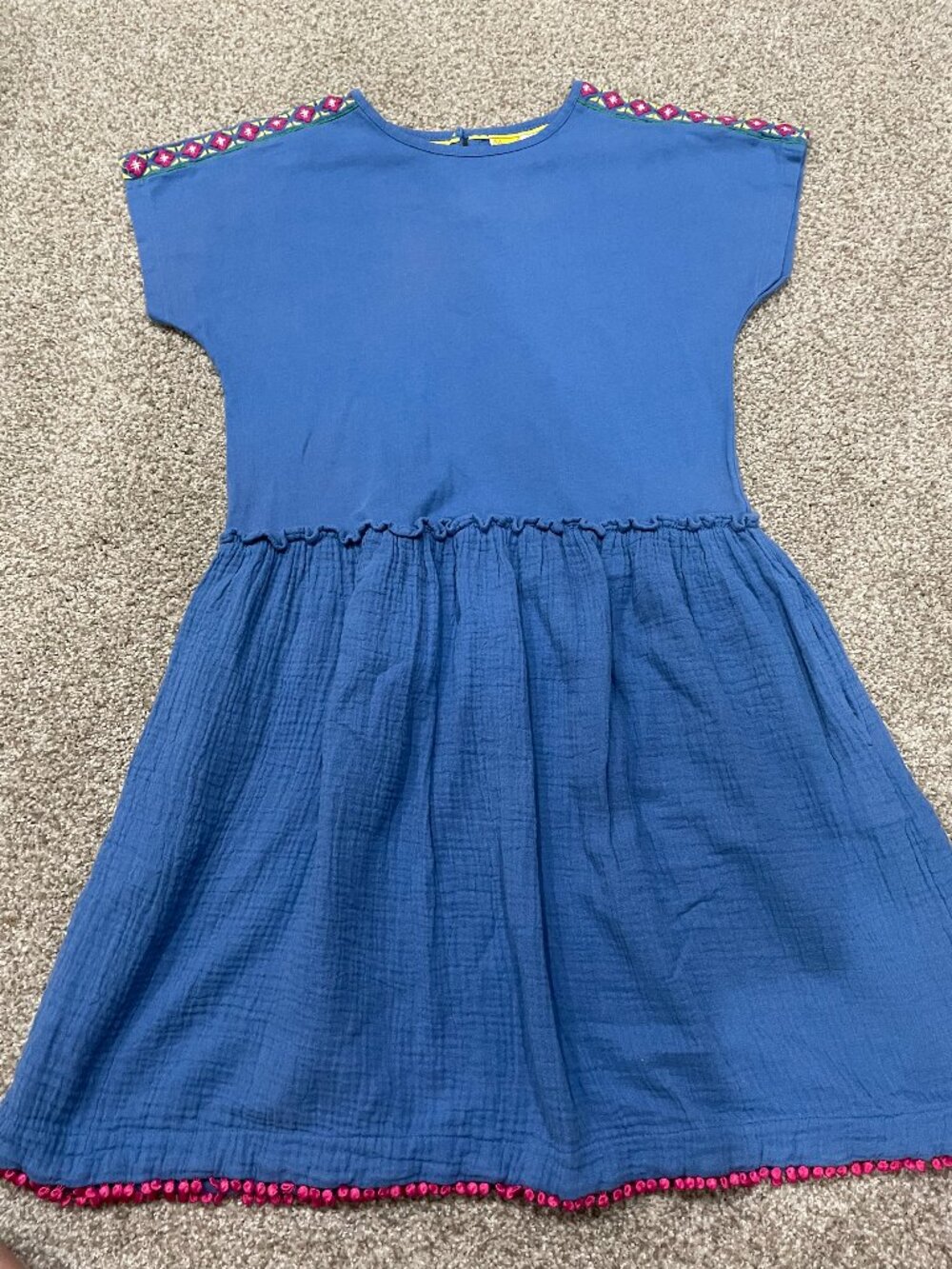 Mini Boden Teal-Blue Dress with Embroidered Sleeves & Pink Pom Pom Trim